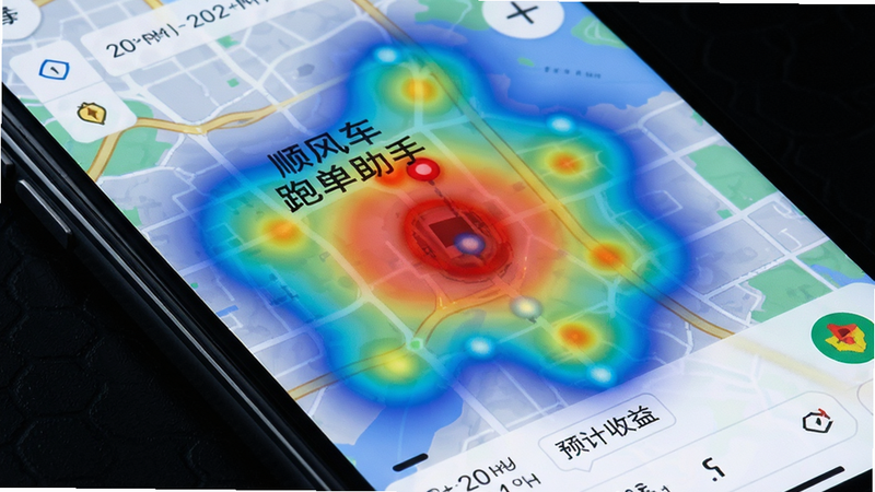 �ֻ���Ļ��д����ʾ˳�糵�ܵ�����APP�ĵ�ͼ���棬��ͼ�Ϸֲ��Ų�ͬ��ɫ�������㣬���������ܶȣ�����Ϊ��ɫ�����ȵ����򣬲���ֱ�ۣ��Ű����������Ƽ���ǿ��ϸ����ʾ��γ��������Ԥ�������ǩ�����壬����ɫ
