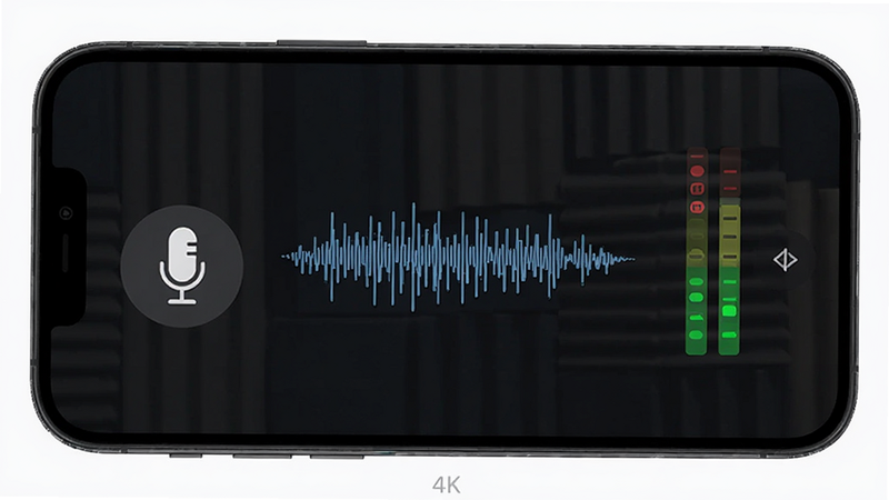 Spreak recording interface, microphone icon, audio waveform visualization, real-time level meter, mobile UI design, clean and modern, high quality, 4k