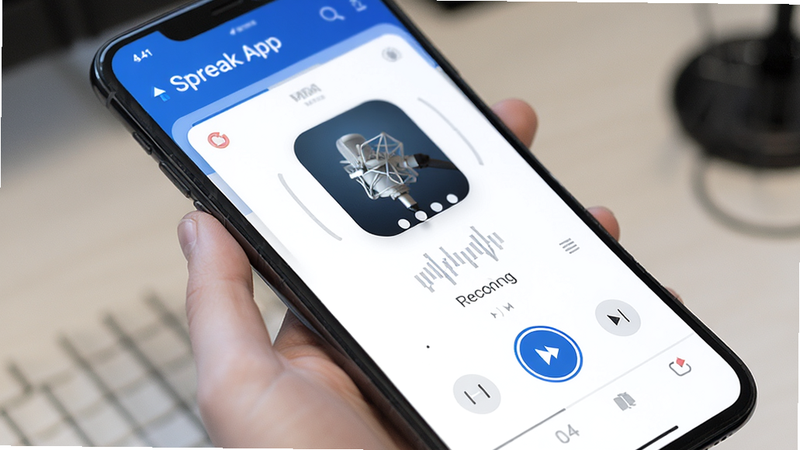 Spreak app interface overview, mobile screen display, podcast recording interface, clean layout, blue and white color scheme, high definition, no extra elements, 4k resolution