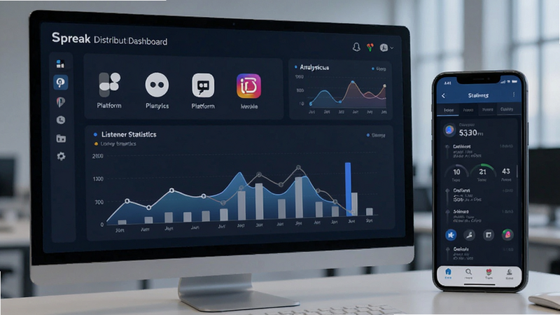 Spreak distribution dashboard, multiple platform icons, analytics chart, listener statistics, mobile app screen, professional look, high definition, clean layout