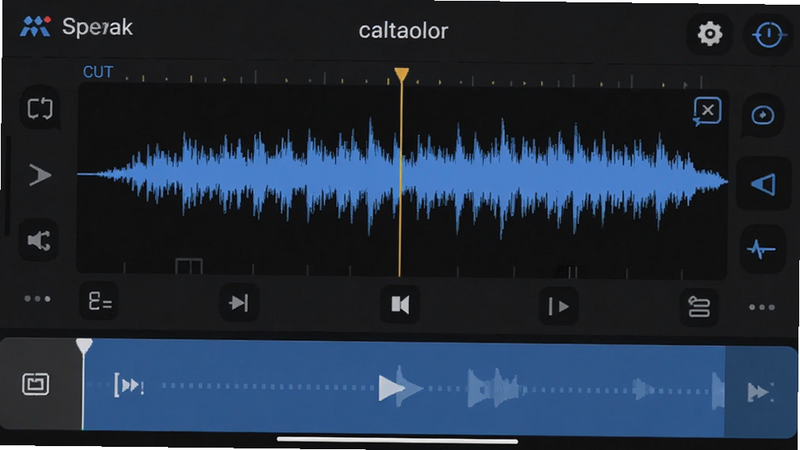 Spreak audio editing interface, waveform editing, cut and paste tools, background music layer, mobile software screenshot, detailed UI, high resolution, clean design