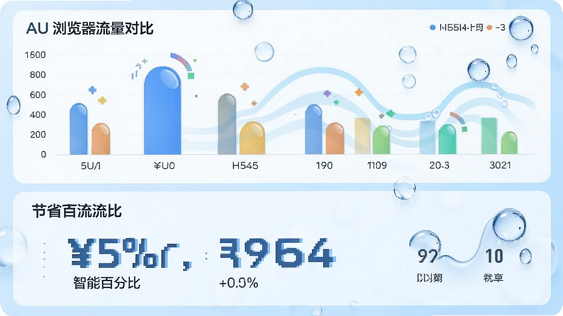 主体为AU浏览器流量节省统计图表,背景为浅蓝色,布局上下分布,上方显示流量对比柱状图,下方显示节省百分比,排版数据化视觉,风格清新明亮,细节体现水滴元素,画质高清,干净无干扰,文字包含