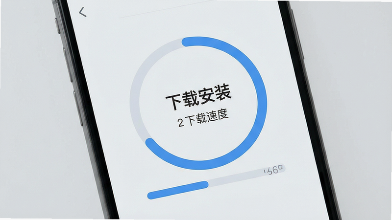 主体为手机下载进度条界面,背景为浅灰色,布局中心显示圆形进度环,排版简洁,风格现代扁平化,细节显示下载速度数字,画质高清,干净无干扰,文字包含