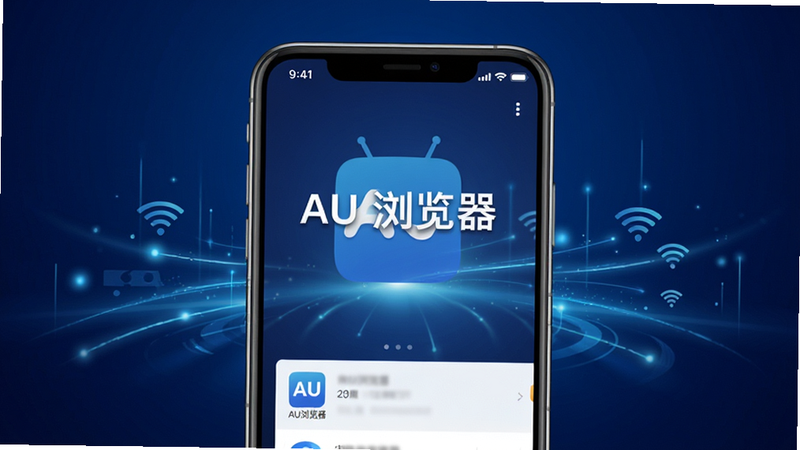 主体为AU浏览器安卓版应用界面,背景为深蓝色科技渐变,布局居中展示手机模型,排版简洁现代,风格清新专业,细节体现高速网络光效,画质4k高清,干净无多余元素,文字包含
