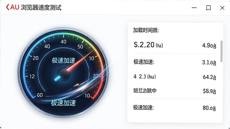 主体为AU浏览器速度测试界面,背景为白色简约风,布局左侧显示速度仪表盘,右侧列出加载时间数据,排版清晰直观,风格科技感强,细节呈现动态流光效果,画质高清,干净无杂物,文字包含