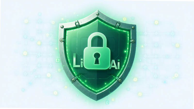 主体为盾牌图标与LiteAI应用图标组合,盾牌呈绿色发光状态,象征安全防护,背景为淡蓝色科技网格,布局中心突出安全主题,风格稳健可靠,细节展示锁形元素,画质高清,干净背景