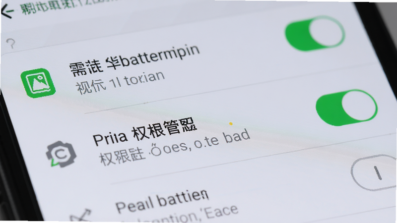 主体为手机设置界面特写,布局聚焦于电池优化与权限管理选项,排版为列表形式,风格为简约UI设计,细节处包含开关按钮的高亮显示与图标细节,画质清晰,文字可读性强,无多余装饰