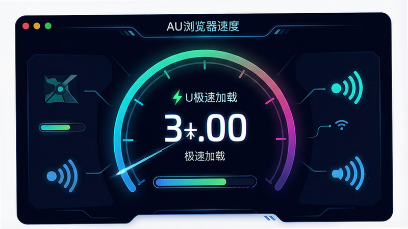 主体为AU浏览器速度测试界面,布局为仪表盘样式,排版中心突出速度数值,风格为深色背景霓虹光效,细节包含加载进度条与网络信号图标,画质清晰,干净,无多余元素,文字
