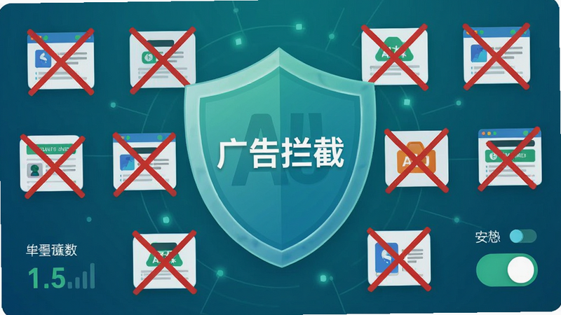 主体为AU浏览器广告拦截示意图,布局为盾牌图标居中,排版周围环绕被划掉的广告图标,风格为安全蓝绿色调,细节包含拦截数量统计与开关状态,画质高清,干净,无多余元素,文字