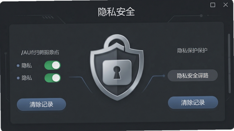 主体为AU浏览器隐私保护界面,布局为锁形图标与盾牌组合,排版对称分布,风格为深灰色安全主题,细节包含隐私开关与清除记录按钮,画质清晰,干净,无多余元素,文字