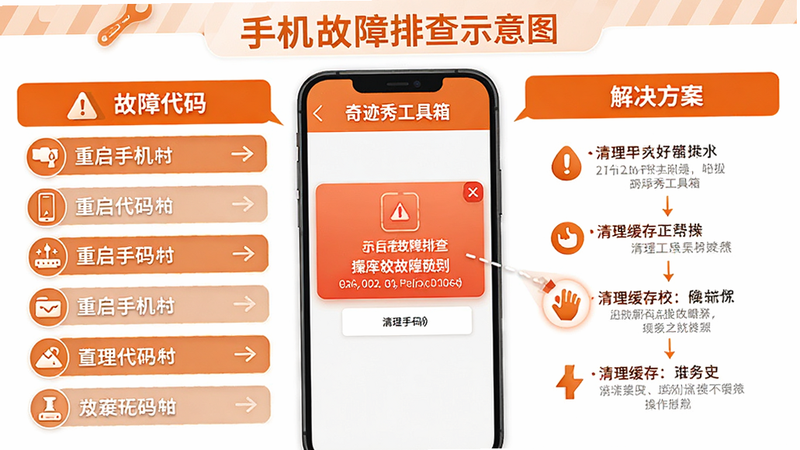 主体为手机故障排查示意图,显示