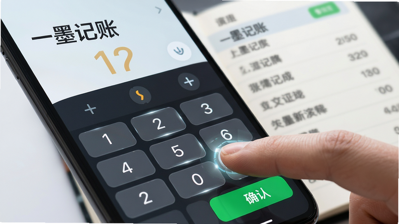 一墨记账快速记账流程演示图,主体为手指点击手机屏幕上的金额数字键盘,背景虚化显示账本列表,布局聚焦于交互动作,风格为现代科技感,细节展示按键反馈的高光效果,画质清晰,干净,文字包含