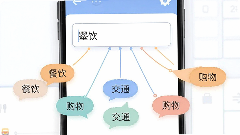一墨记账智能分类功能示意图,主体为手机屏幕上的输入框,下方弹出多个分类标签气泡,布局呈现放射状扩散,风格为轻盈的矢量插画风,细节展示标签间的连接线,画质细腻,干净,文字包含