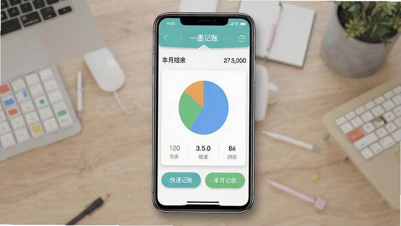 一墨记账安卓版应用界面全景展示,主体为手机屏幕,显示极简风格的记账首页,布局清晰,顶部有月份导航栏,中部为收支统计饼图,下方为快速记账按钮,整体风格为清新扁平化设计,细节处体现柔和阴影,画质高清,干净无多余元素,文字包含