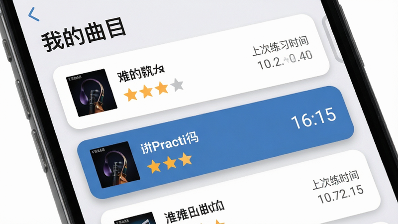 手机屏幕显示 ViiPractice 的曲目列表界面。主体为垂直滚动的列表,每项包含乐曲名称、难度星级和上次练习时间。布局为卡片式设计,间距均匀。排版清晰,重点突出当前选中的曲目,背景为浅灰色。风格为现代移动应用设计,细节处有圆角矩形和阴影效果,画质清晰,干净,无多余元素,文字“我的曲目”清晰可见。
