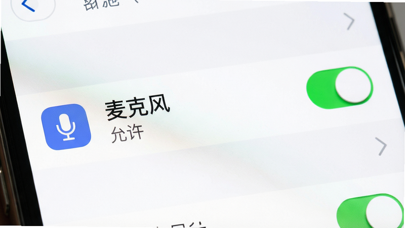 手机设置界面特写,显示权限管理页面。主体是“麦克风”权限选项,状态为“允许”。布局为列表形式,背景为白色。排版清晰,图标醒目。风格为系统原生UI,细节处有开关按钮的高亮效果,画质清晰,干净,无多余元素,文字“麦克风”清晰可见。