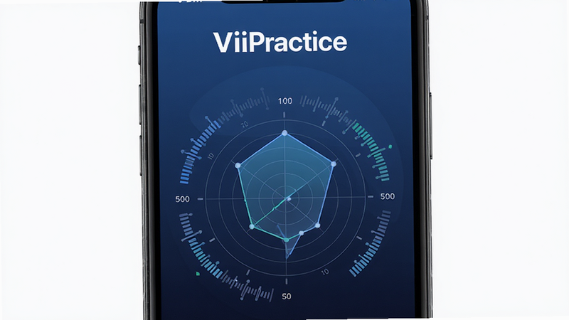 主体为一台现代智能手机,屏幕显示 ViiPractice 应用界面,背景为柔和的深蓝色渐变。布局上,屏幕中央展示一个圆形的节奏雷达图,周围环绕着音准波形条。排版简洁,顶部有清晰的“ViiPractice”白色Logo文字。风格为科技感与极简主义结合,细节处体现高精度数据可视化,画质高清,干净,无多余元素,文字清晰可读。