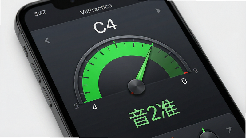 手机屏幕显示 ViiPractice 音准监测界面。主体是一个模拟指针的音准表,指针指向中央绿色区域。布局为上下结构,上方为音符名称“C4”,下方为实时频率读数。排版优雅,使用深灰色背景搭配亮绿色高亮。风格为专业乐器设备感,细节处有细微的光影效果,画质高清,干净,无多余元素,文字“音准”清晰。