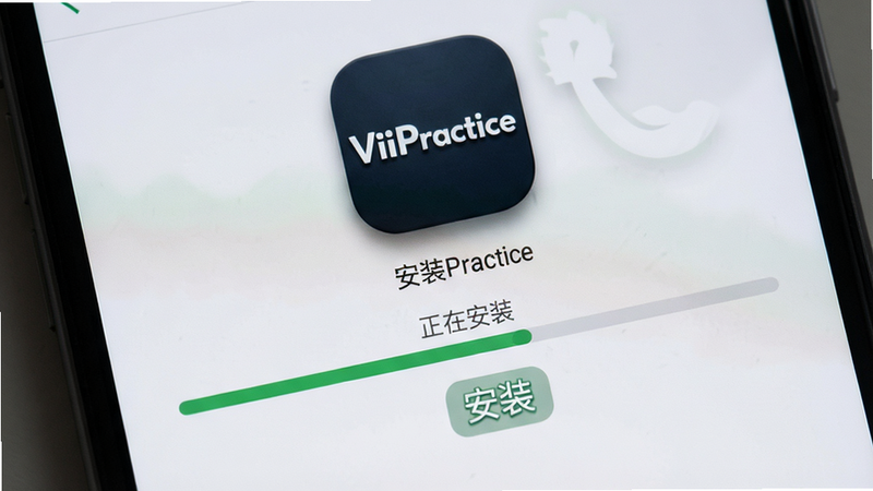 手机安装界面特写,显示“ViiPractice”应用图标和“安装”按钮。主体为安装进度条,状态为“正在安装”。布局为居中排列,背景为浅灰色。排版简洁,文字清晰。风格为系统原生安装界面,细节处有应用图标的阴影效果,画质清晰,干净,无多余元素,文字“安装”清晰可见。