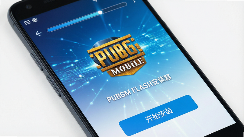 ����Ϊ��׿�ֻ���Ļ����ʾPUBGM FLASH��װ�����棬���ּ������������Ϊ���������м���ʾ��PUBG Mobile��Logo���ײ�Ϊ����ʼ��װ����ť�����Ϊ�Ƽ������ɫ���䣬ϸ�ڳ�����������Ч�����ʸ��壬�ɾ����޶���Ԫ�أ����֡�PUBGM FLASH��װ���������ɼ�