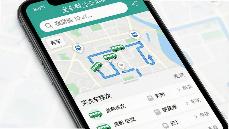 主体为一部智能手机屏幕,屏幕显示“坐车乘公交”APP界面,布局清晰分为顶部搜索栏、中部实时车辆位置地图及底部车次列表,风格扁平化现代UI,细节包含绿色车辆图标与蓝色路线指引,画质高清,干净,无多余元素