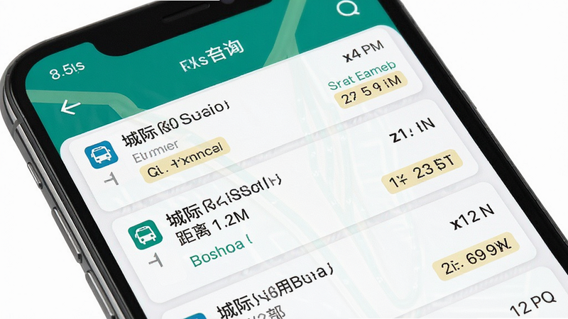 主体为手机公交查询界面,布局显示多条城际公交线路列表,风格清晰易读,细节包含距离与时间预估标签,画质高清,干净,无多余元素