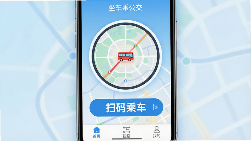 一张高清手机屏幕界面展示图,主体为“坐车乘公交”APP首页,背景为简洁的浅蓝色渐变。屏幕中央显示一个巨大的圆形公交实时地图,地图上有一个红色的公交车图标正在移动。下方有一个醒目的“扫码乘车”按钮,字体为白色加粗。界面顶部显示软件名称“坐车乘公交”,底部导航栏包含“首页”、“线路”、“我的”三个图标。整体风格扁平化、科技感强,光线柔和,无多余装饰元素,画质清晰,干净无噪点。