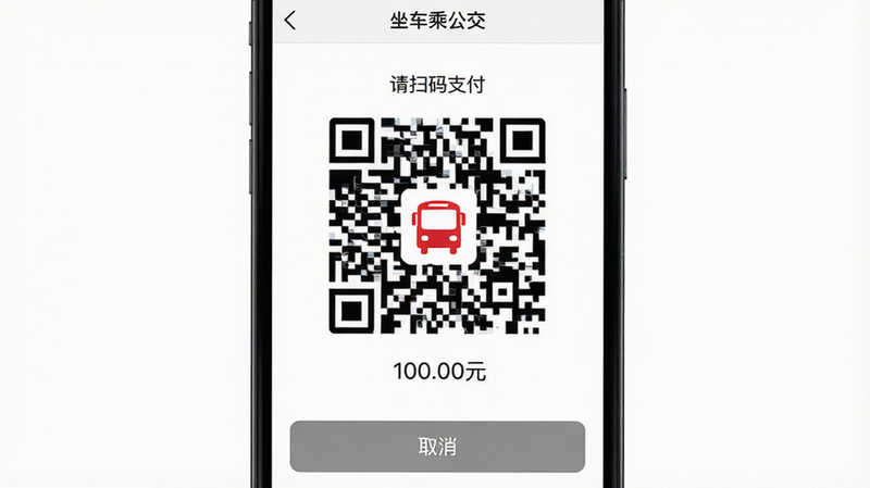 手机屏幕界面,显示“坐车乘公交”APP的扫码支付页面。屏幕中央是一个巨大的动态二维码,二维码中心有一个红色的公交logo。二维码上方显示文字“请扫码支付”,下方显示当前可用余额“100.00元”。背景为纯白色,突出二维码的清晰度。界面底部有一个灰色的“取消”按钮。整体设计极简,强调功能性,光线明亮,无阴影干扰,画质纯净。