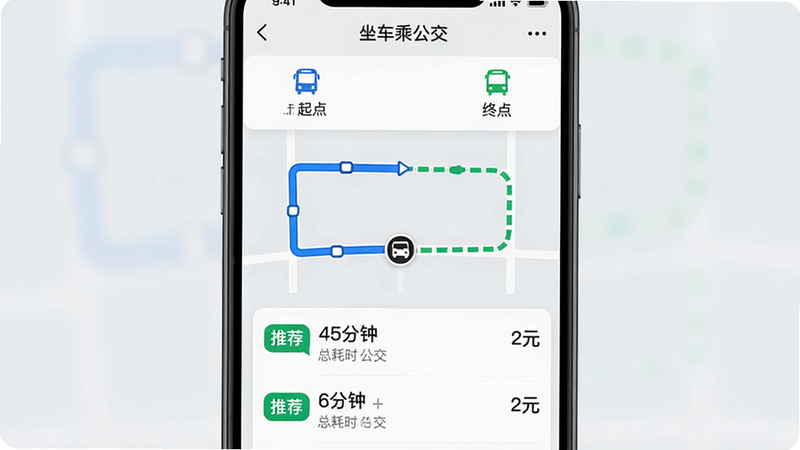 手机屏幕界面,显示“坐车乘公交”APP的线路规划结果页。屏幕上方显示起点和终点图标,中间是一个清晰的路线图,分为两段,第一段为蓝色实线,第二段为绿色虚线,中间有一个换乘标志。下方列表显示三个方案,第一个方案标有“推荐”标签,显示总耗时“45分钟”,费用“2元”。文字排版整齐,图标简洁明了,背景为浅灰色,突出内容,无多余装饰,高清清晰。