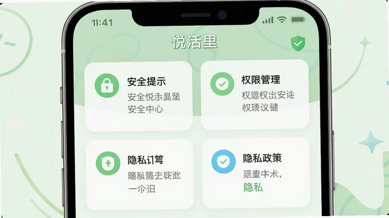 �������û���APP�İ�ȫ���Ľ��棬����Ϊ��Ƭʽ����ʾ��ȫ��ʾ��Ȩ�޹�������˽���ߵȣ�����Ϊǳ��ɫ��������°�ȫ��ϸ�ڰ�������ͼ������֣����ְ���