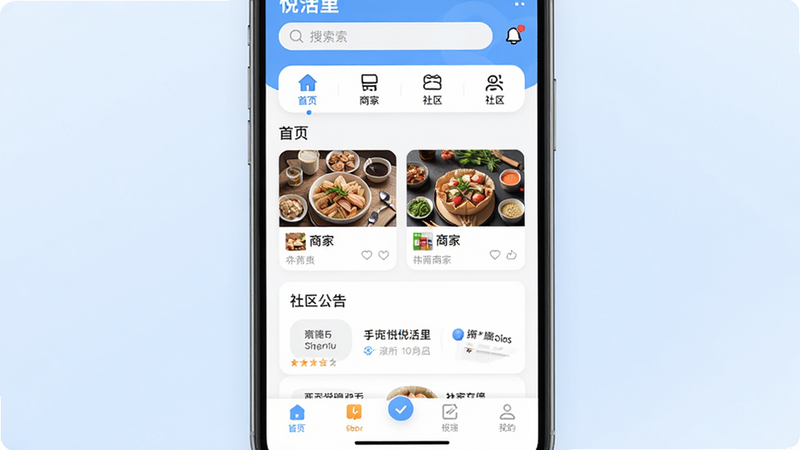 �������û���APP���ֻ�����չʾ������Ϊ�����ֻ����У�����Ϊ��͵�ǳ��ɫ���䣬��Ļ��ʾ��ҳ���棬�������������ͷ���ͼ�꣬�в�չʾ�ܱ��̼��б����������濨Ƭ���ײ�Ϊ������������ִ���Լ��ϸ�����������ְ���