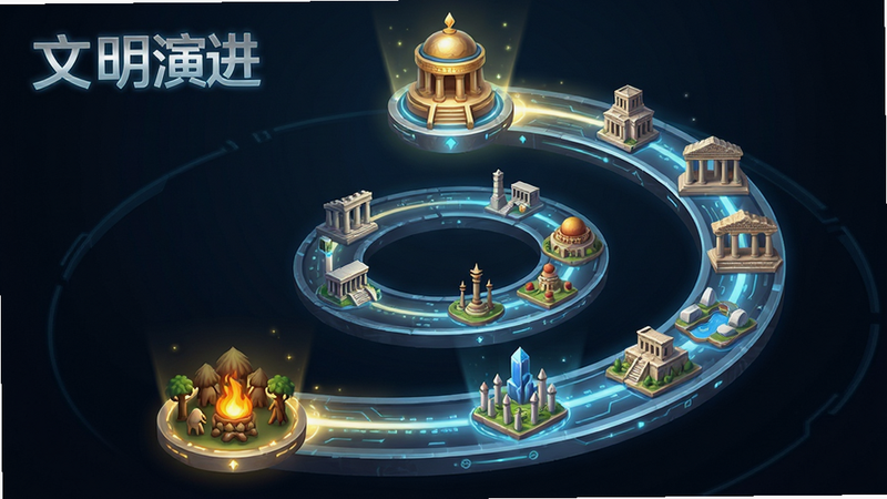 主体为游戏内的文明演进路线图,布局呈螺旋上升状,从底部的原始部落图标过渡到顶部的神殿图标,路径上点缀着不同时代的标志性建筑小图标,排版清晰明了,风格为科技感与神话风结合,细节处有发光特效,画质细腻,干净无多余元素,文字“文明演进”清晰可见