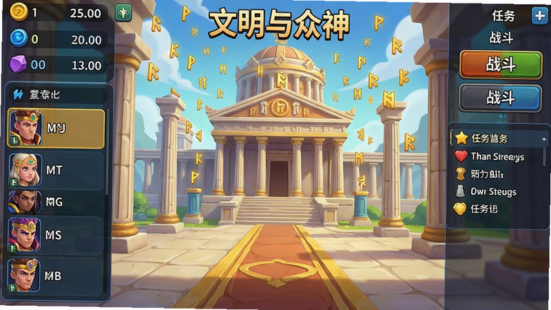主体为一款名为“文明与众神”的手机游戏主界面全景图,布局采用中央大厅视角,左侧显示资源栏与英雄列表,右侧为战斗按钮与任务追踪,背景是宏伟的神庙建筑与飘落的金色符文,排版整洁有序,风格为精致的2D卡通渲染,细节丰富,画质高清,干净无多余元素,文字“文明与众神”清晰可见