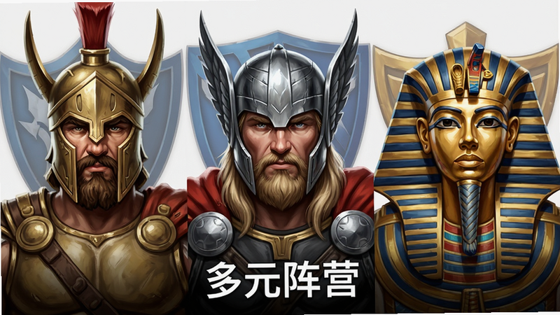 主体为三个不同神话阵营的英雄头像并列展示,左侧为希腊战神造型,中间为北欧雷神造型,右侧为埃及法老造型,布局对称平衡,背景为半透明的阵营徽章,排版简洁大气,风格为写实与幻想结合,细节刻画英雄服饰纹理,画质高清,干净无多余元素,文字“多元阵营”清晰可见