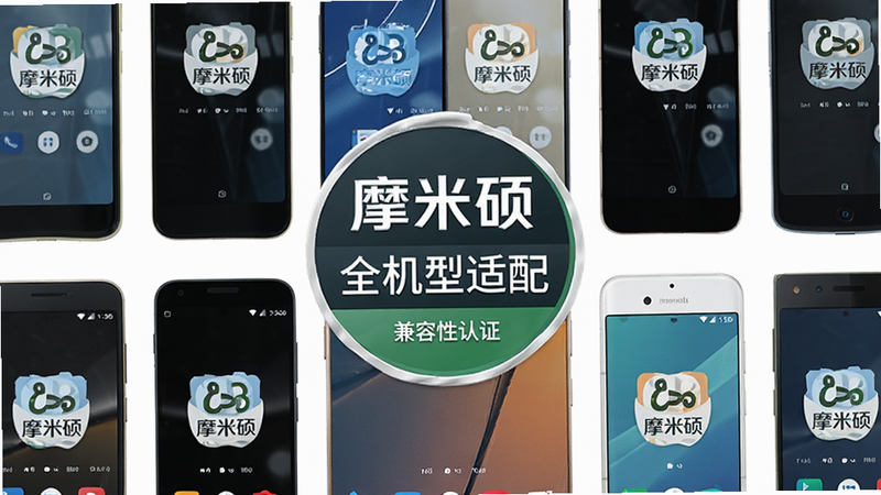 多款不同品牌的安卓手机排列在一起,中间显示摩米硕的兼容性认证徽章,布局整齐,风格商业产品图,细节展示手机屏幕上的兼容标志,画质高清,干净,文字