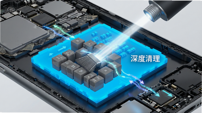 展示手机屏幕内部结构剖面图,摩米硕的清理光束正在清除灰色的垃圾数据块,保留亮蓝色的核心数据,布局清晰分层,风格科技透视感,细节展示数据流动方向,画质高清,干净,文字
