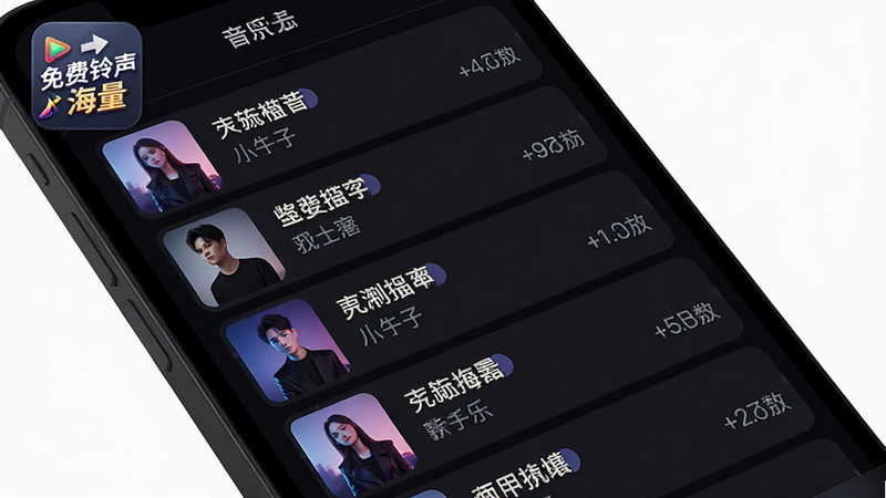 主体为手机界面展示音乐榜单列表,布局为垂直滚动列表,排版紧凑有序,风格为科技感深色模式,细节显示歌曲名称、歌手和播放次数,画质高清,干净,无多余元素,包含“免费铃声海量”Logo