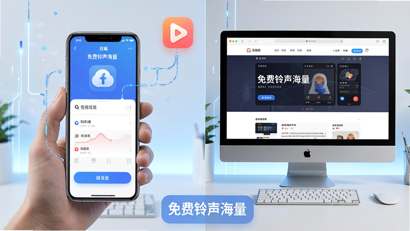 主体为手机与电脑对比界面,布局为左右分屏,排版对称,风格为科技感,细节显示手机端APP操作与电脑端网页浏览对比,画质高清,干净,无多余元素,包含“免费铃声海量”品牌标识