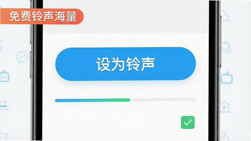 主体为手机设置铃声的操作界面,布局中心显示大号“设为铃声”按钮,排版简洁突出交互,风格为明亮清新,细节显示进度条和确认勾选框,画质清晰,干净,无多余元素,包含“免费铃声海量”标识