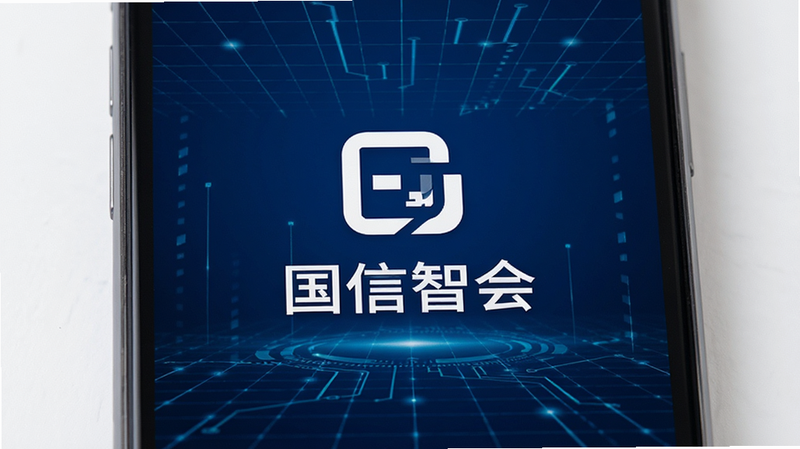 主体为手机屏幕特写,显示“国信智会”应用启动界面,背景为深蓝色科技感网格,屏幕中央有简洁的白色Logo和文字“国信智会”,布局居中对称,风格现代商务,细节清晰,画质高清,干净,无多余元素