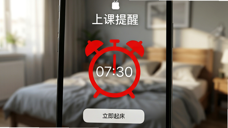 手机锁屏界面特写,屏幕亮起显示一个巨大的红色闹钟图标,时间显示为07:30,背景是模糊的卧室场景,暗示清晨时刻。屏幕上方有文字“上课提醒”,下方有“立即起床”按钮。风格写实,光影效果自然,突出紧急感和紧迫感,画质高清,干净,无多余元素