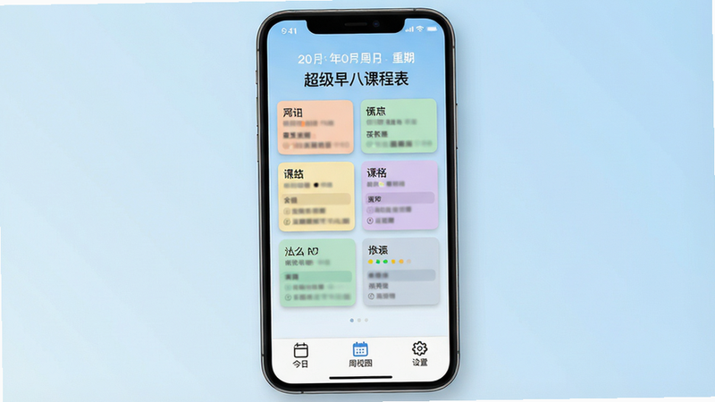 一张高清手机屏幕界面展示图,主体为“超级早八课程表”APP的主界面,背景为干净的浅蓝色渐变,布局清晰,顶部显示当前日期和星期,中间是网格状的课程安排卡片,卡片颜色柔和区分不同课程,底部有三个简洁的功能图标:今日、周视图、设置。风格为现代扁平化UI设计,细节处有细微的阴影增加立体感,画质8K,干净,无多余元素,文字清晰显示“超级早八课程表”