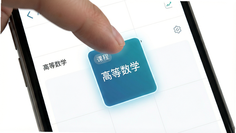手机界面截图,展示一个拖拽操作的动态效果。一只手指正将一张写有“高等数学”的课程卡片从上方拖入下方的周视图网格中。背景为白色,界面元素简洁,卡片带有轻微的发光效果以表示交互。风格科技感,简洁明了,画质清晰,干净,无多余元素,文字显示“高等数学”