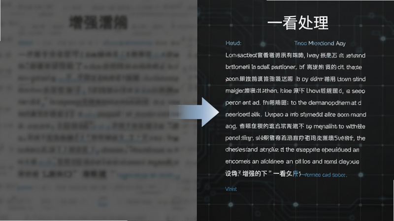 主体为分屏对比图,左侧显示模糊昏暗的文字段落,右侧显示经过“一看”处理后的清晰明亮文字,中间有箭头指示增强过程,背景为深灰色科技网格,风格专业直观,细节丰富,画质锐利,干净无杂乱元素