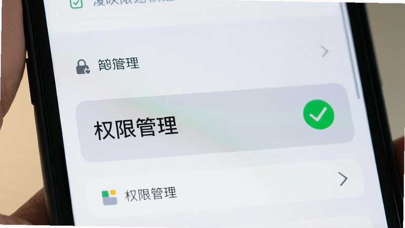 手机屏幕显示设置界面,重点高亮“权限管理”选项,旁边有绿色对勾图标,背景柔和,清晰易读,扁平化设计,高清,无多余装饰
