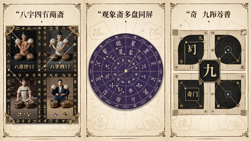 主体为观象斋APP多盘面并列展示效果,布局为三列式排列,分别显示八字四柱、紫微星盘、奇门九宫格,排版紧凑有序,风格古朴典雅,细节包含星象连线、宫位边框,画质细腻,干净,无多余元素,文字内容