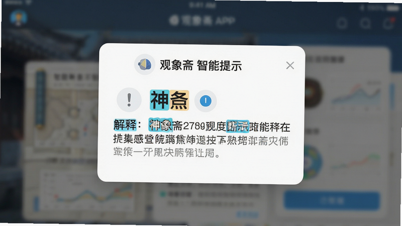 主体为观象斋APP智能断事提示弹窗界面,布局为中心弹窗式,背景虚化处理,突出显示神煞名称与解释文本,排版重点突出,风格现代UI设计,细节包含提示图标、关键词高亮色,画质锐利,干净,无多余元素,文字内容