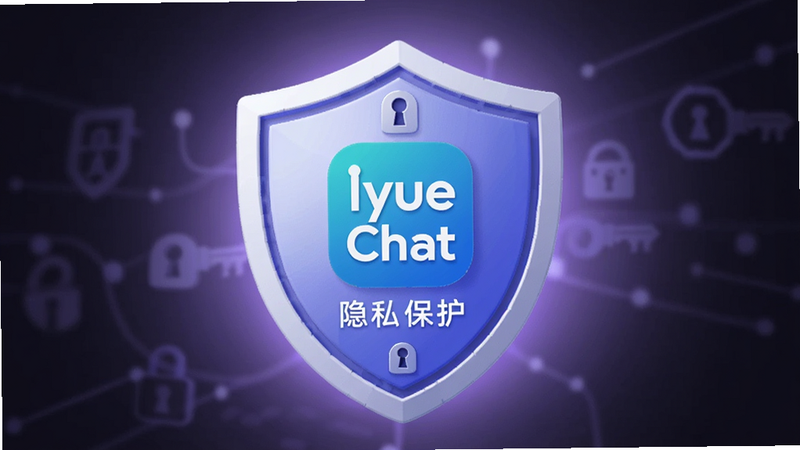 主体为盾牌保护图标,中心嵌有Iyue Chat Logo,背景为柔和的紫色光晕,布局居中,排版简洁,风格现代安全,细节展示锁孔与加密密钥符号,画质细腻,干净无干扰元素,文字标注“隐私保护”