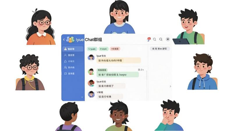 主体为多人协作场景插画,中心是Iyue Chat群组界面,周围环绕着不同角色的卡通人物,布局呈环形分布,排版紧凑有序,风格扁平化,细节展示消息分类与标签图标,画质清晰,干净无背景杂色,文字标注“智能群组”