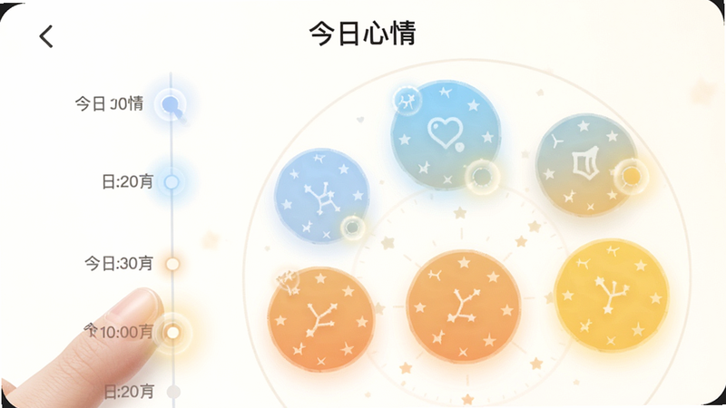 主体为吉星相映APP的情绪记录界面,布局为左侧竖排时间轴,右侧为圆形星象卡片,每张卡片代表一天,颜色随情绪变化从淡蓝到暖黄渐变,排版流畅自然,风格柔和温馨,细节处有手指点击交互的光效,文字